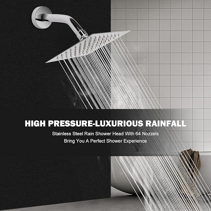 NearMoon Rain Shower Head, High Flow Stainless Steel Square Rainfall Shower, High Pressure Design, Awesome Shower Experience Even At Low Water Flow (6 Inch, Chrome Finish)