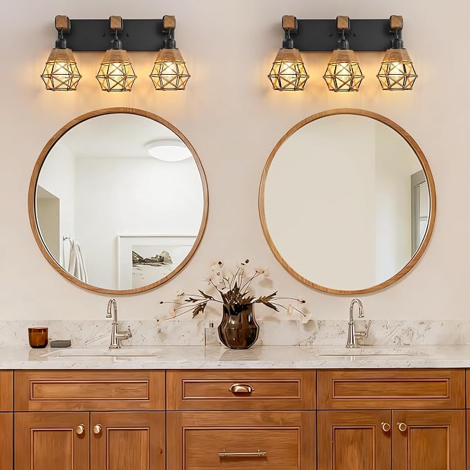 LmnLvn 3-Light Bathroom Vanity Light, Boho Farmhouse Hemp Rope Cage Shade | Wood & Black Metal Frame, Rustic Vanity Lighting, Mounted Over Mirror, Easy To Install for Restroom, Bedroom & Hallway
