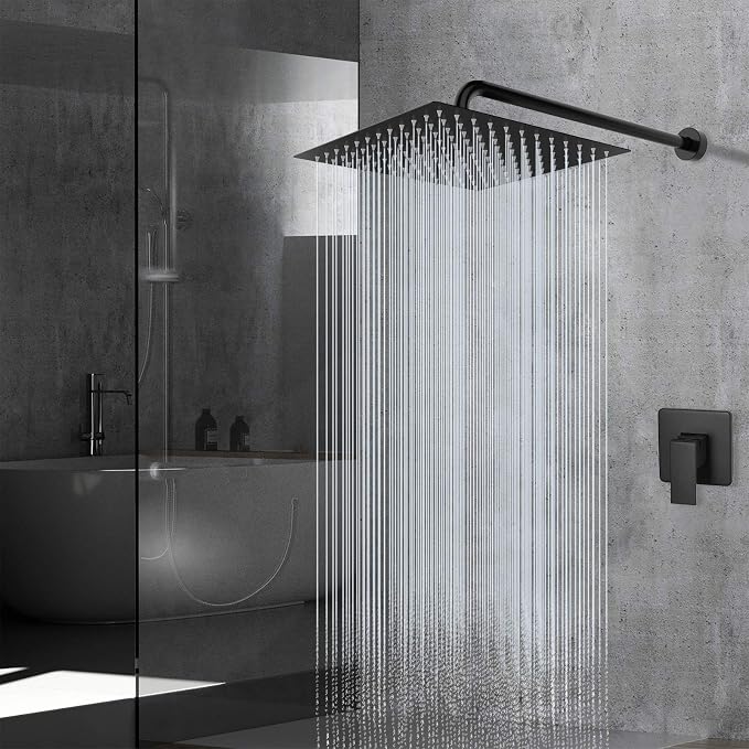 Voolan Oversize Rain Shower Head - High Flow Square Rainfall Showerhead - Waterfall Full Body Coverage - Universal Ceiling or Wall Mount (16 Inch, Matte Black)