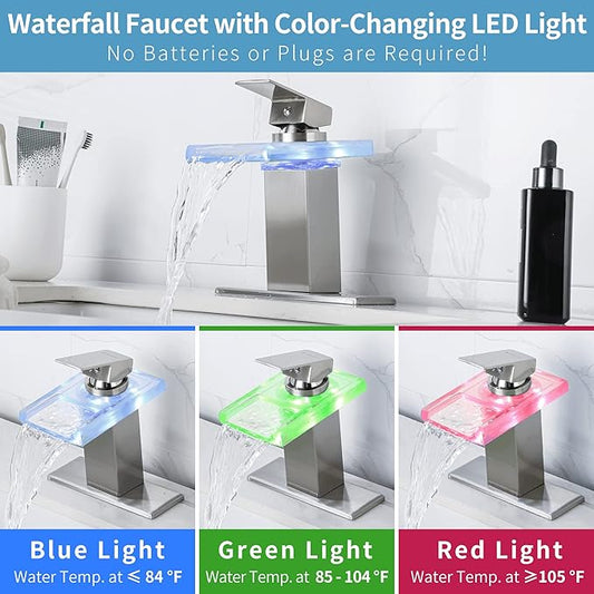 LED Bathroom Sink Faucet - Brushed Nickel Single Hole or 4 Inch Centerset Waterfall Faucet with Glass Spout and Temperature-Sensitive LED Lights, Includes Deck Plate