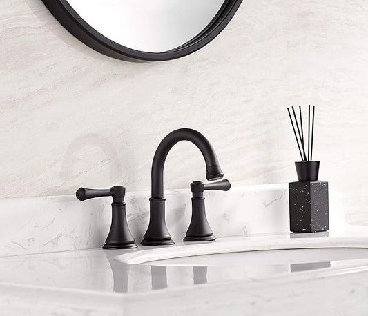 Matte Black 8 inch Widespread Bathroom Sink Faucet 3 Holes with Pop-Up Drain, 2 Handle Modern Bathroom/Vanity/Lavatory Faucet with Brass 360° Swivel Spout, TAF830Y-MB