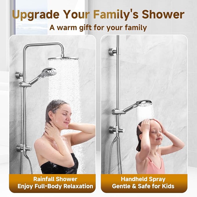 BRIGHT SHOWERS Rain Shower Heads System Including Rainfall Shower Head and Handheld Shower Head with Height Adjustable Holder, Solid Brass Rail, 60 Inch Long Stainless Steel Shower Hose, Chrome