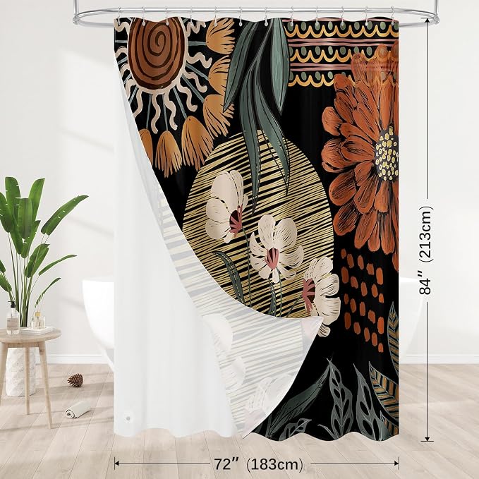 3 in 1 Boho Rustic Shower Curtain Set with PEVA Liner & 12 Hooks, 72 x 84 | Boho Tropical Botanical Style, Farmhouse Floral Fabric, Modern Hotel Inspired, Water‑Repellent, Machine Washable