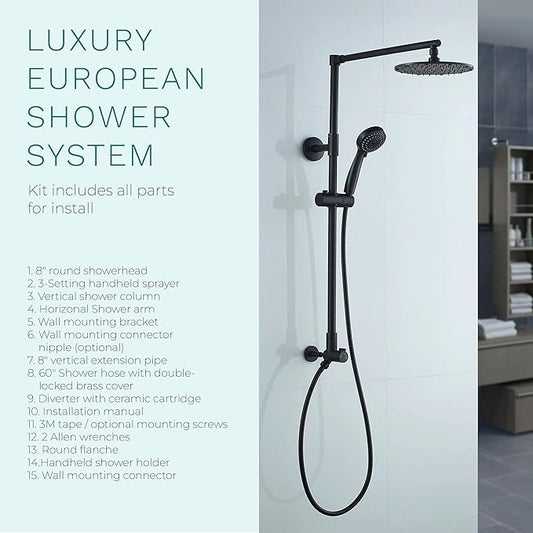 Fennocasa Polaris 3 Rain Shower System, 8” Rainfall Shower Head and Handheld Shower Combo, includes 3-Setting Handheld Spray, Height Adjustable Shower Wand Holder, 60” Hose (2.5 GPM Matte Black)