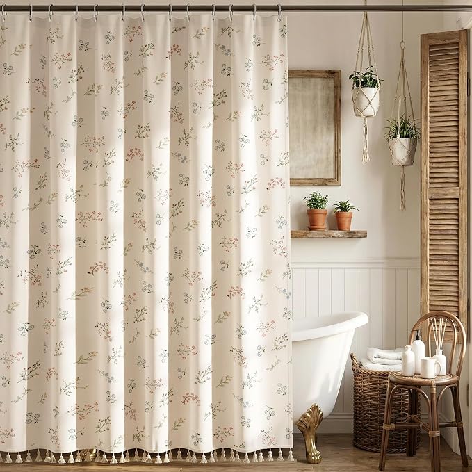 Farmhouse Floral Shower Curtain with 12 Clear Rings 72" W x 72" L | Boho Fabric Faux Linen Shower Curtain Set, Vintage Cottagecore Shower Curtain for Bathroom
