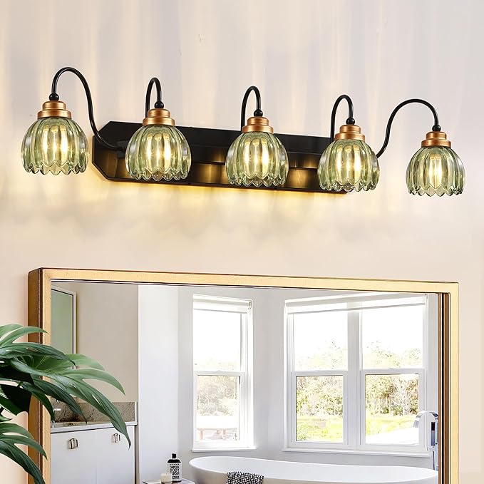 Vintage Gold Bathroom Light Fixtures, 5 Light Green Tulip Crystal | Brushed Gold Vanity Lights, Matte Antique Brass Finish, Mid Century Style,Wall Sconces for Bedroom, Hallway, Easy to Install