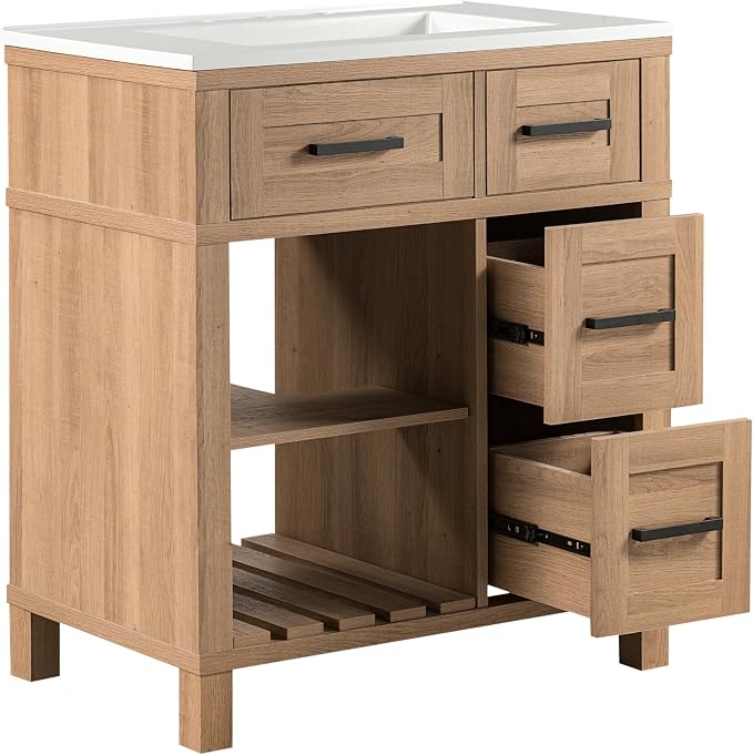 30" Mid-Century Bathroom Vanity with SMC Sink (Natural Wood Style2, 30") | Ample Storage Space with 2 Drawers, Adjustable Shelves & Open Breathable Hollow Shelf, Solid Wood Legs, Matte Black Handles