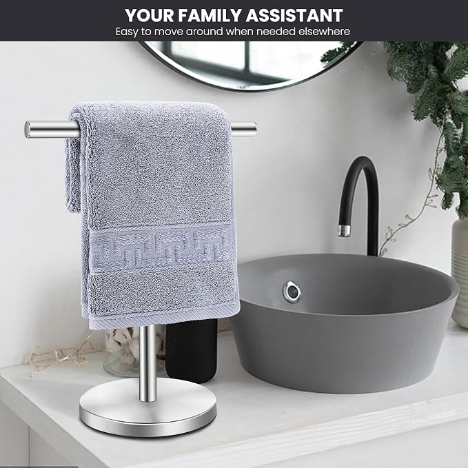 Hand Towel Holder Stand, Freestanding Bathroom Towel Rack, Silver, 2 Pack | Weighted Stainless Steel Base Helps Prevent Tipping While The Open T-Shape Keeps Towels Dry on Bathroom Countertops