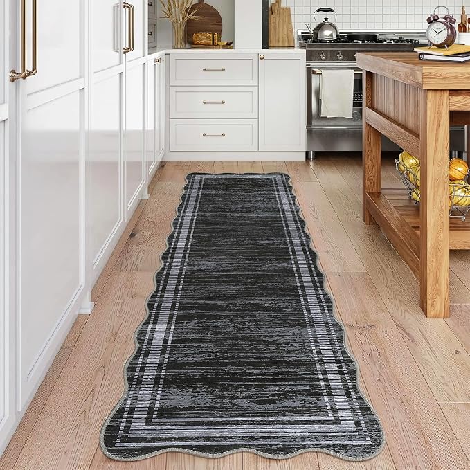 Garvee Washable Runner Rug 2x6 Modern Solid Scalloped Kitchen Runner Black | Modern Long Runner Rug for Entryway Bedroom, Non Slip Low Pile Solid Runner Rugs for Entryway, Nursery Rugs Runner
