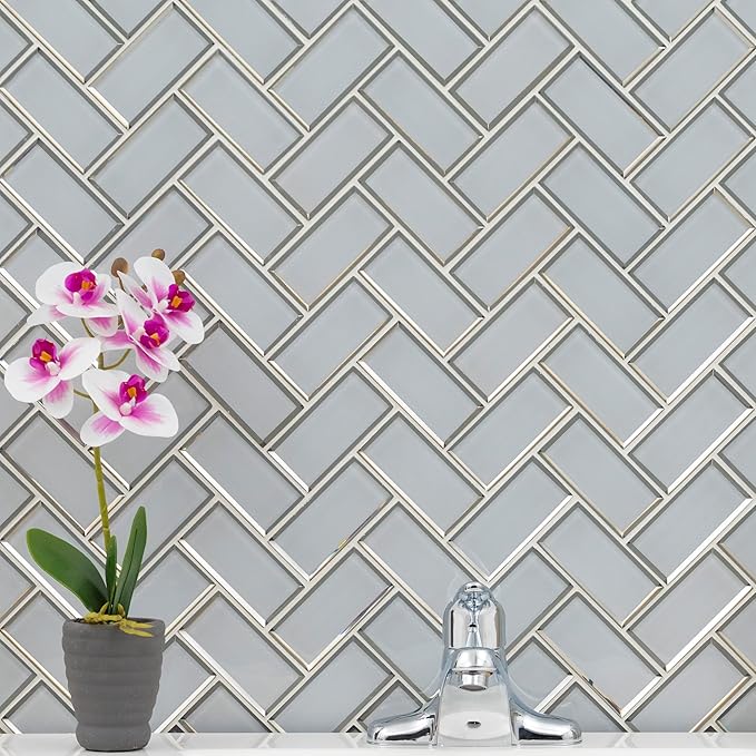 MSI Ice Bevel Herringbone 11 in. x 14 in. Glossy Glass Tile for Kitchen Backsplash, Wall for Bathroom, Accent, and Shower Wall Tile Mesh-Mounted Mosaic