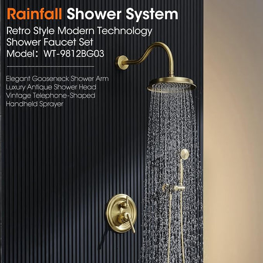 Rainfall Shower System Shower Faucet Set, Luxury, Antique, Light Gold | 9 Inch Shower Head and Handheld Spray, Pressure Balance Valve, Wall Mounted, Bathroom, Shower Trim Kit
