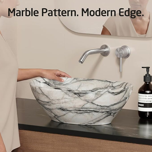 KES 16 x 13 Inch Oval Marble Pattern Vessel Sink Above Counter, Ceramic Porcelain Bathroom Sink Bowl for Vanity Countertop, Modern Look, No Overflow, Sink Only, BVS124-MG
