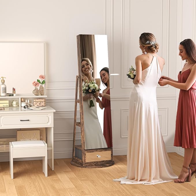 360° Swivel Jewelry Cabinet Standing Full-Length Jewelry Armoire | with Lights Standing Jewelry Armoire Organizer Foldable Makeup Shelf, Coffee