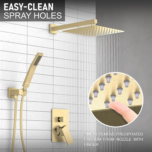 KOJOX Shower System Bathroom Luxury 12 Inch Rain Shower Head with Handheld Mixer Shower Combo Set Wall Mounted Shower Faucet Trim with Valve Brush Gold