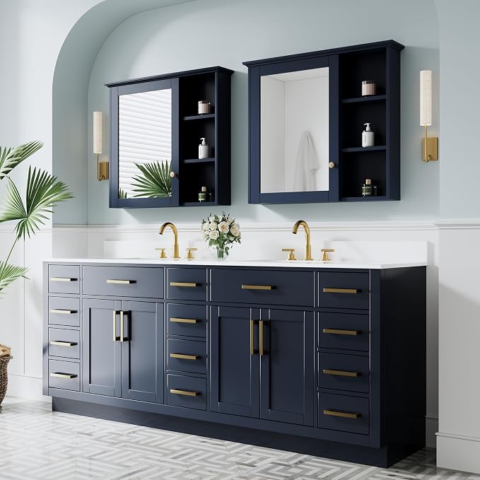 84-Inch Bathroom Vanity with Double Sinks W/ 4 Doors & 12 Drawers & 2 Flip Drawers, Navy Blue Vanity W/Brushed Gold Handles