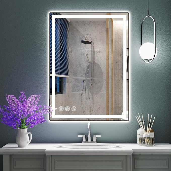 32" x 24" LED Bathroom Mirror with Lights, Memory Vanity Mirror | Anti-Fog, 3 Color Modes, Dimmable, Front Lit, Memory Function, Tempered Glass, Lighted Bathroom Mirror for Wall