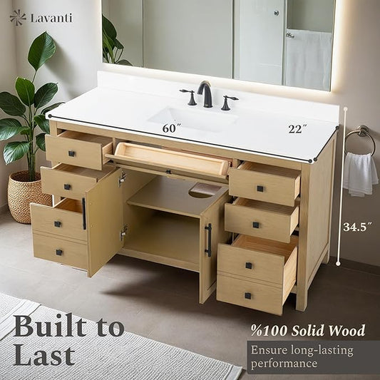 Lavanti Oakford 60 Inch Bathroom Vanity with Sink – Stylish Firwood Oak Vanity Bathroom with Storage Cabinet – Modern Bathroom Vanities with Single Vanity Sink & Quartz Countertop