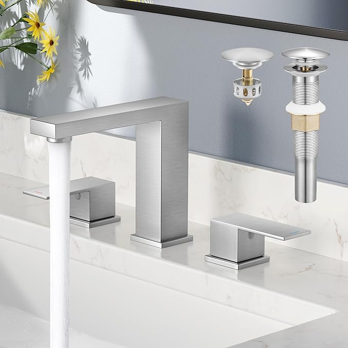 KES Brushed Nickel Bathroom Faucet 3 Hole, Includes All Metal Bathroom Sink Drain Without Overflow, 8 Inch Widespread Bathroom Sink Faucet, Vanity Faucet with cUPC Supply Line, L4350LFF12-BS-C2