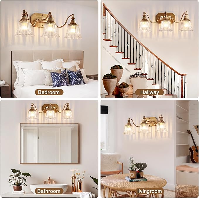 Gold Bathroom Light Fixtures, 3-Light Vintage Vanity Lighting | Hand-painted Brushed Gold Finish, Crystal Glass Shade, Wall Lights Over Mirror, Antique Sconce for Bathroom Restroom