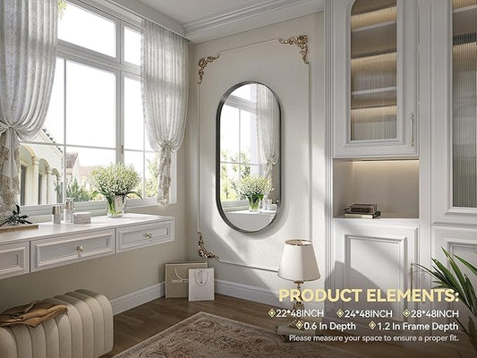 Brightify Black Oval Mirror for Wall 24x48 Inch, Metal Framed Bathroom Vanity Mirrors, Full Length Wall Mirror for Entryway Living Room Wall Decorative Hang Vertical and Horizontal
