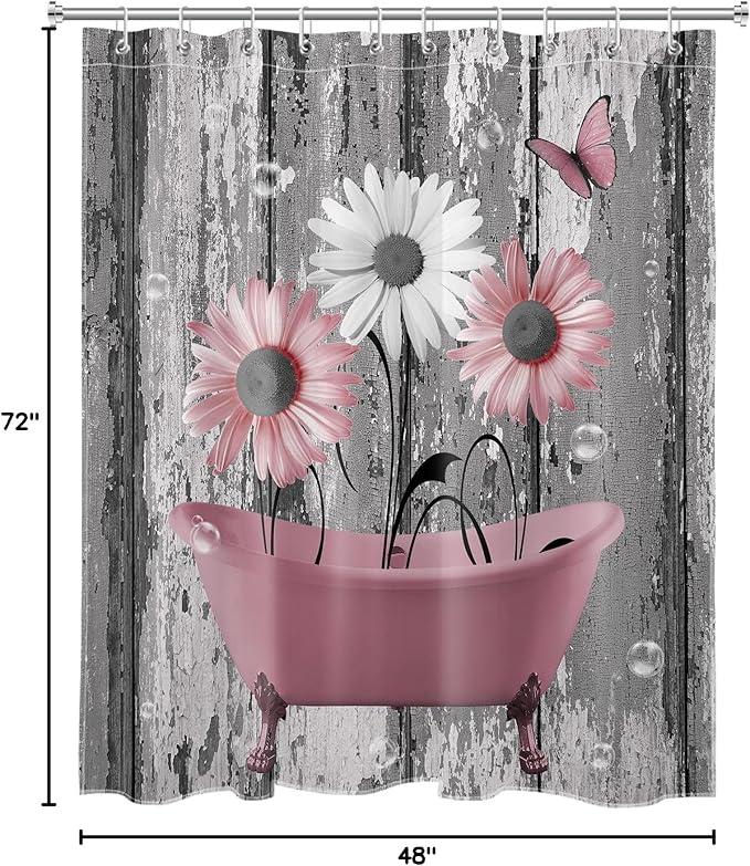 HVEST Farmhouse Pink Floral Small Shower Curtain for Bathroom Decor, Pink and Grey Daisy Butterfly on Rustic Wood Long Shower Curtain Nature Plant Flower Shower Curtain with Hooks, 48W X 72L inches