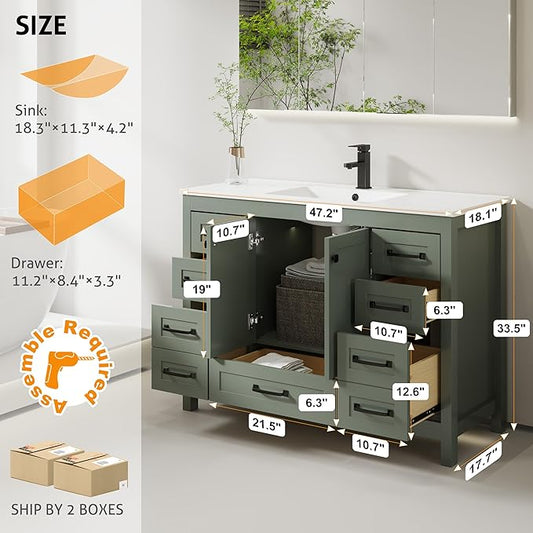 eclife 48" Bathroom Vanities with Sink Combo, Modern Thickened Wood Bathroom Storage Cabinet w/Undermount Single Sink, Matte Black Faucet Drain, Painted Surface, Green