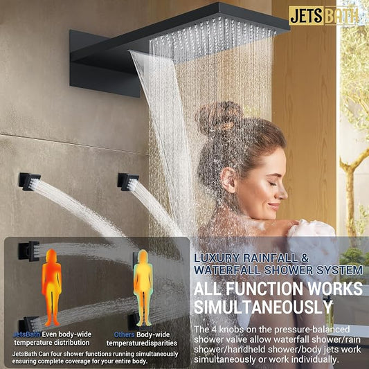 Luxury Thermostatic Rain & Waterfall Shower System with 22” Rain Shower Head & 6 Body Jets, Wall Mounted Shower Faucet Sets with Handheld Sprayer, 3/4” Inlet Thermostatic Valve