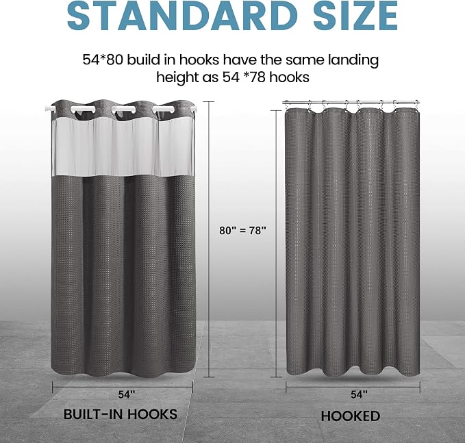 EUTXL Heavyweight No Hook Shower Curtain with Liner, Charcoal Grey, 54x80 | Snap in Liner, Thick Waffle Fabric, Hotel Quality, Corner Magnets, Waterproof & Washable