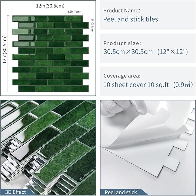 Green Peel and Stick Backsplash 3D Self Adhesive Wall Tile 10 Sheet | Thick,Sticky,Vinyl,12"x12",Marble,for Kitchen,Bathroom