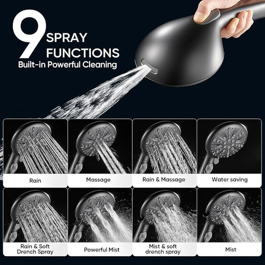 Cobbe 9 Spray Modes Handheld Shower Head, Water-Saving, Matte Black | Power Rinse, 1-Click Pause & Flow Control, 6ft Stainless Steel Hose, Adjustable Brass Bracket
