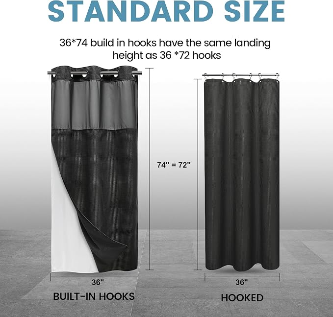EUTXL Heavyweight No Hook Shower Curtain with Liner, Black, 36x74 | Snap in Liner, Thick Waffle Fabric, Hotel Quality, Corner Magnets, Waterproof & Washable