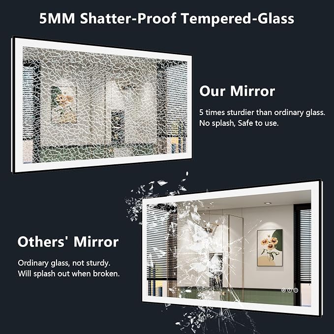 24x30 LED Bathroom Mirror with Lights, Black Framed Lighted Mirror | Backlit and Front Light, Anti-Fog, 3 Color Dimmable, Memory, Tempered Glass, IP54 Waterproof, UL Listed