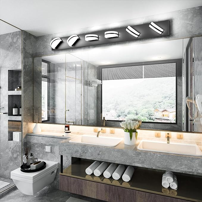 Aipsun 6 Lights Modern Black Vanity Light Up and Down Black LED Vanity Light Fixtures Bathroom Wall Light Over Mirror 6000K
