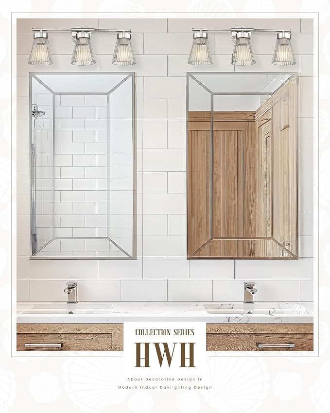 HWH INVESTMENT 3-Light Bathroom Vanity Light, Brushed Nickel, 5HZG97B-3W BN | 24.1-Inch Hardwired Wall Light with Clear Striped Glass; 3 E26 Bulbs, Max 60W Each; Bulbs Not Included