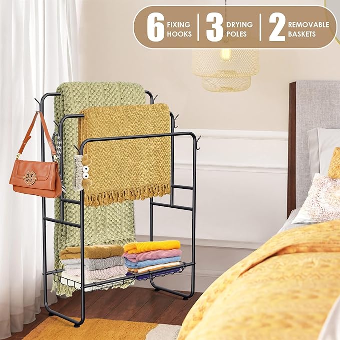 Kayfia 40'' Freestanding 3 Tier Metal Towel Rack, 2 Baskets & 6 Hooks | Dual-Use Drying & Display Rack, Holds Oversized Bath Towels & Blankets, fits Indoor, Bathroom, Bedroom & Outdoor, Black
