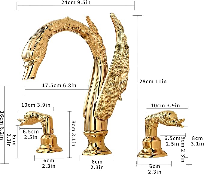 Golden Gold Ornate Swan Style Bathroom Sink Faucet Combo Deck Mount Sink Mixer Tap Set Hot Cold Water