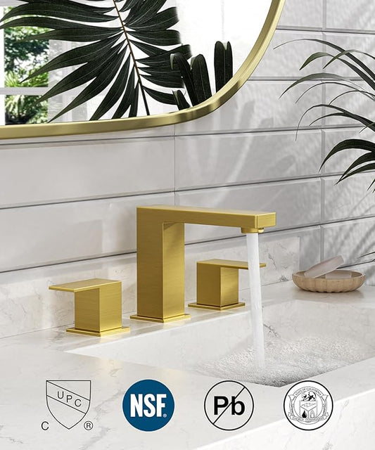 QFN Lead-Free Gold Bathroom Faucet 3 Hole, Square Bathroom Sink Faucet 8 Inch Widespread, 2 Handle for 6"-12" Vanity Sink with Metal Pop Up Drain and 24" cUPC Supply Hoses