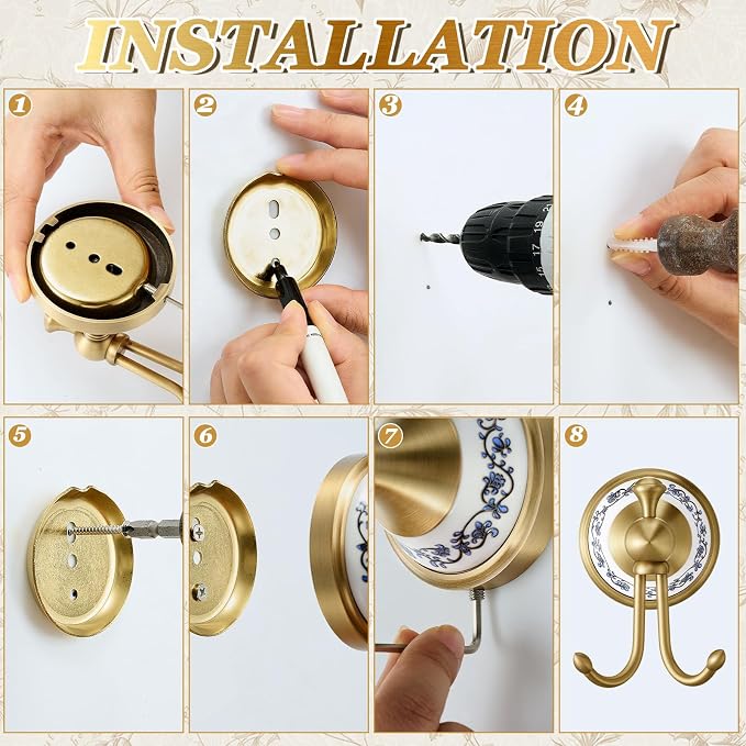 4 Pcs Antique Brass Gold & Porcelain Bathroom Accessories Set, Wall-Mounted Towel Rack & Towel Ring & Toilet Paper Holder & Robe Hook, Vintage Chinese Style Brass Bath Hardware Fixture Set