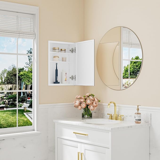 Keonjinn White Medicine Cabinet Mirror 14 x 18 Inch, Lightweight Aluminum | Effortless Assembly, Adjustable Shelves, Wall Mount or Recessed, Soft Close with DTC Hinges, Bathroom Mirror with Storage
