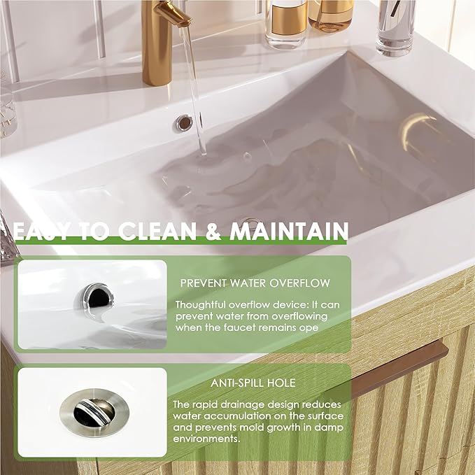 24" Bathroom Vanity with Sink, Floating Bathroom Vanity with 2 Fluted Drawers & Metal Handle, Wall Mounted Cabinets with Integrated Ceramic Sink for Apartment, Home, Wood Grain