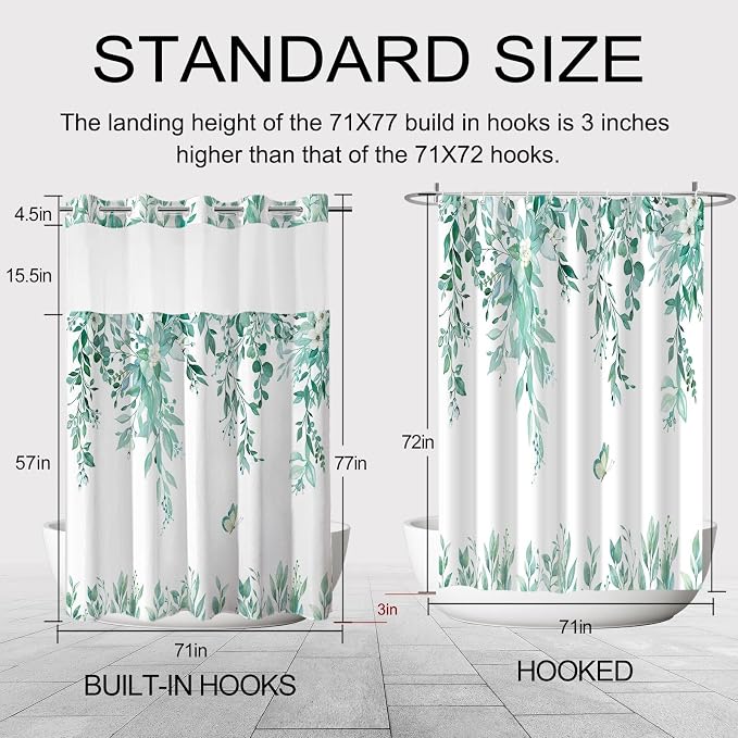 No Hook Shower Curtain and Liner Set, Teal Eucalyptus 71x77 | Floral Design, with Snap in Liner, See-Through Top Window, Waterproof, Machine Washable, Quick-Drying, for Hotel Bathroom