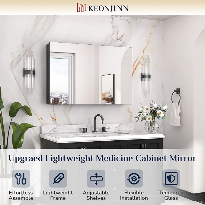Keonjinn 36x24 in Black Medicine Cabinet for Bathroom with Mirror, HD Glass | Lightweight Aluminum Structure, Assembly Required, in Wall or Wall Mount, Free Adjustable Shelves, Safe Tempered Glass