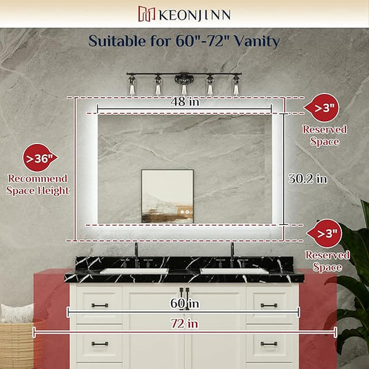 Keonjinn Backlit Mirror Bathroom 48β x 30β, Anti-Fog Mirror with Lights, CRI90+ HD Tempered Glass, Waterproof, UL Listed, Stepless Dimmable LED Mirrors for Bathroom, High Lumen, 6000K Bright