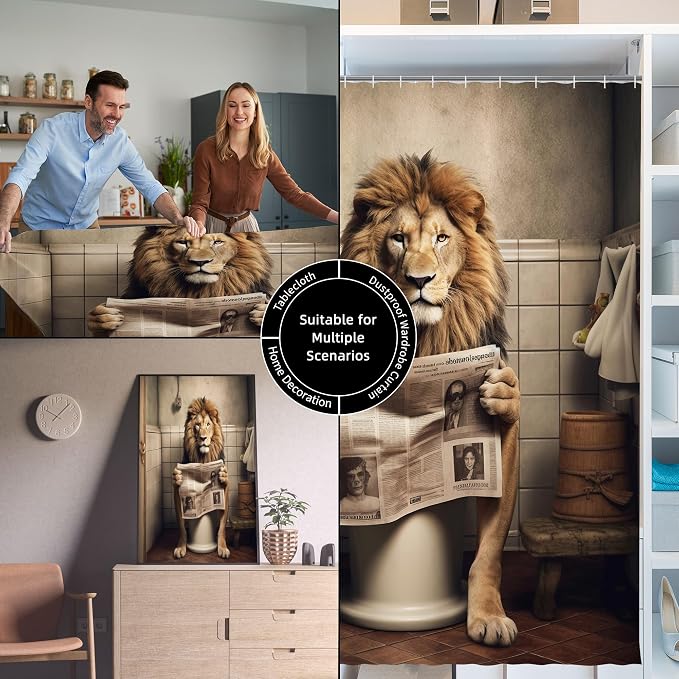 Farmhouse Funny Lion Shower Curtain for Bathroom 72W*72H Inch Brown Humor Animal Reading on Toilet Bathtub Decor Boho Western Country Animal Waterproof Polyester Fabric Set with 12 Hooks