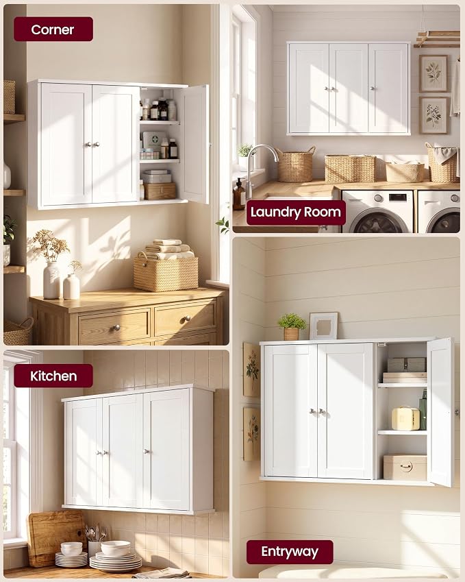 VASAGLE SIREN Collection Bathroom Wall Cabinet, Hanging Storage | Bathroom storage cabinet, for medicines, farmhouse, 4 adjustable shelves, 7.9 x 31.5 x 23.6 Inches