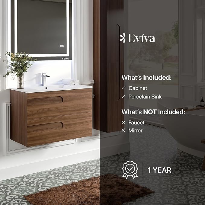 Eviva Joy 32 in. Rosewood Wall MountSingle Sink Bath Vanity with Porcelain Top and Integrated Sink