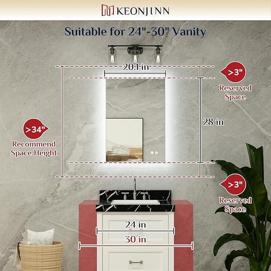 Keonjinn Backlit Mirror Bathroom 20β x 28β, Anti-Fog Mirror with Lights, CRI90+ HD Tempered Glass, Waterproof, UL Listed, Stepless Dimmable LED Mirrors for Bathroom, High Lumen, Waterproof
