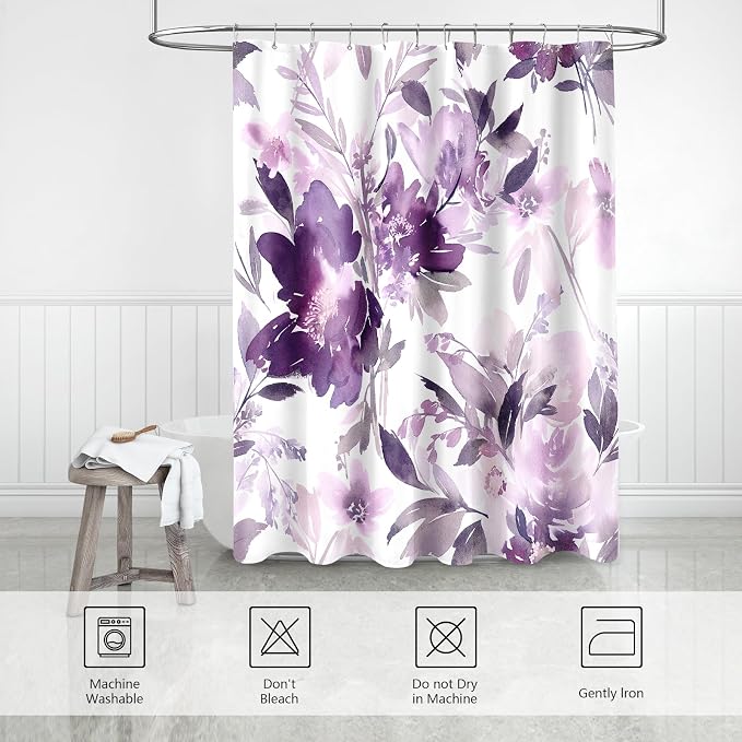 Small Stall Shower Curtain 36x72 Inch Half Narrow Watercolor Floral Decor | Purple Modern Abstract Flower Dorm Bathroom Shower Curtain Set with Hooks