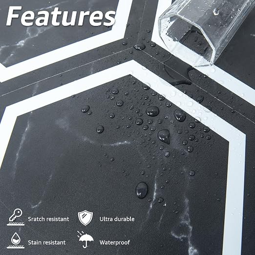 Art3d 30-Pack Hexagon Peel and Stick Vinyl Floor Tiles, Black Marble | 11.8" x 10.2" Single Tile, Self Adhesive, Waterproof, Simple to Clean, Ideal for Kitchen, Bathroom, Living Room, Bedroom