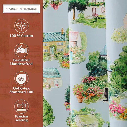 Maison d' Hermine Shower Curtain 100% Cotton One Panel 70"x72" Washable Fabric Shower Curtains for Bathroom, Easy Hanging with 12 Button Holes - Home Hotel Spa Easter Gifts (Gignac)